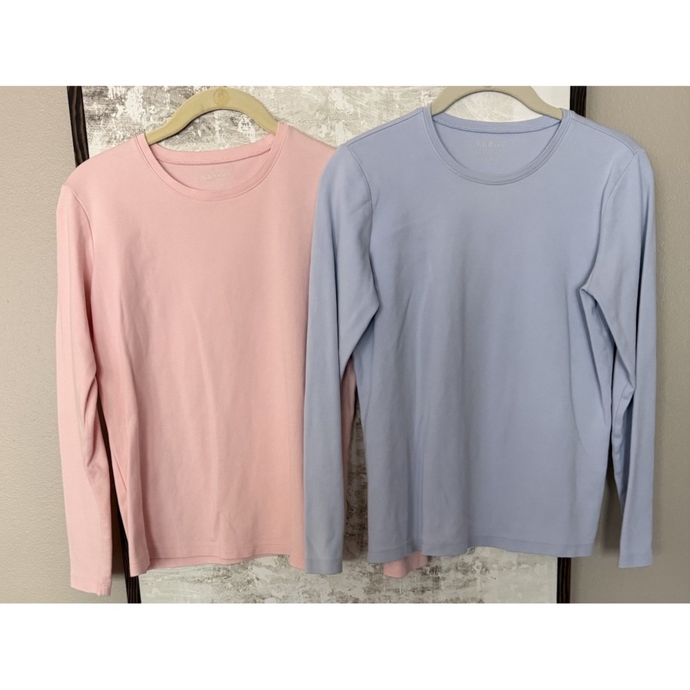 L.L. Bean Womens XS Reg 100% Cotton Long Sleeve Crewneck T-Shirts Pink & Blue